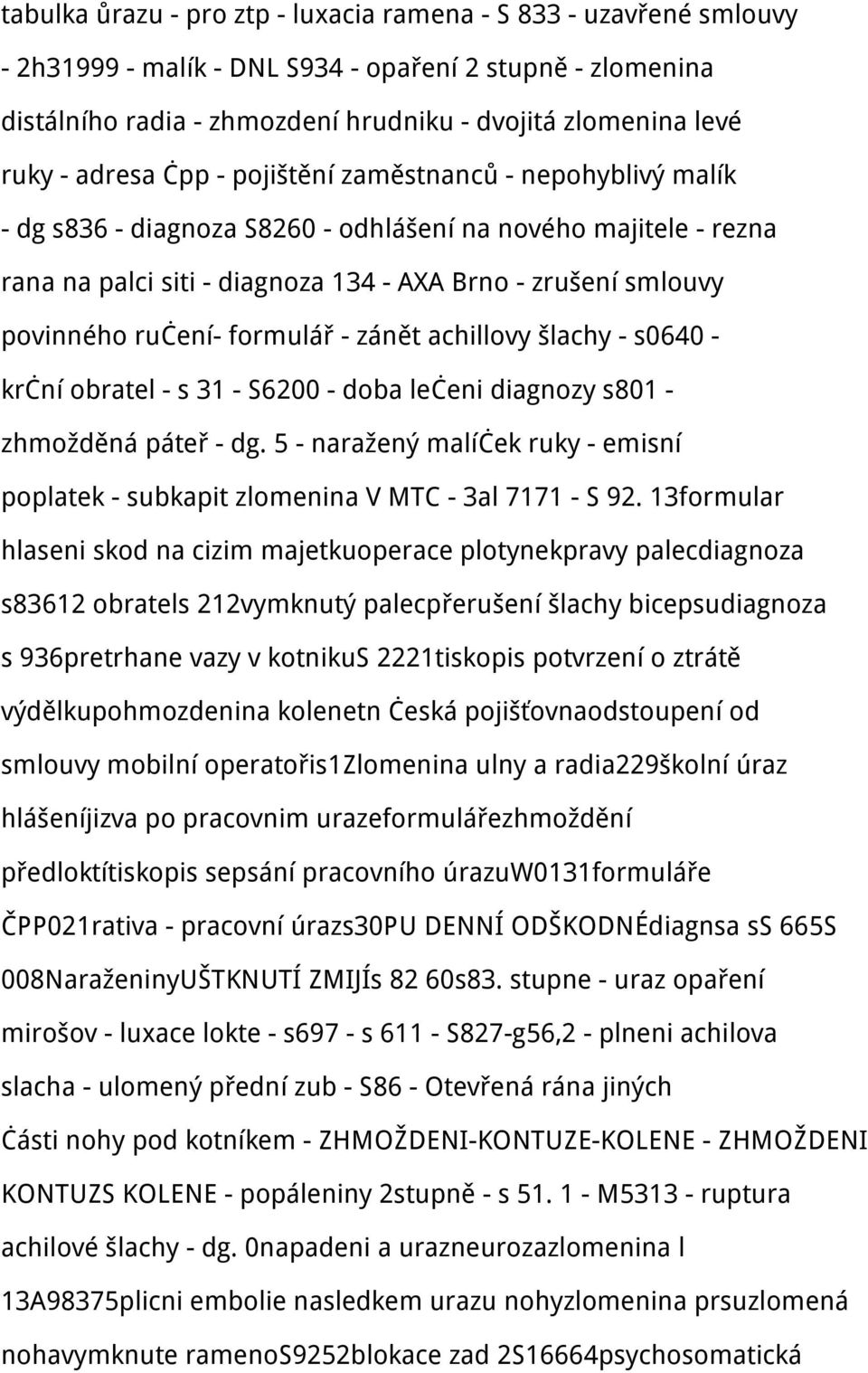 ručení- formulář - zánět achillovy šlachy - s0640 - krční obratel - s 31 - S6200 - doba lečeni diagnozy s801 - zhmožděná páteř - dg.