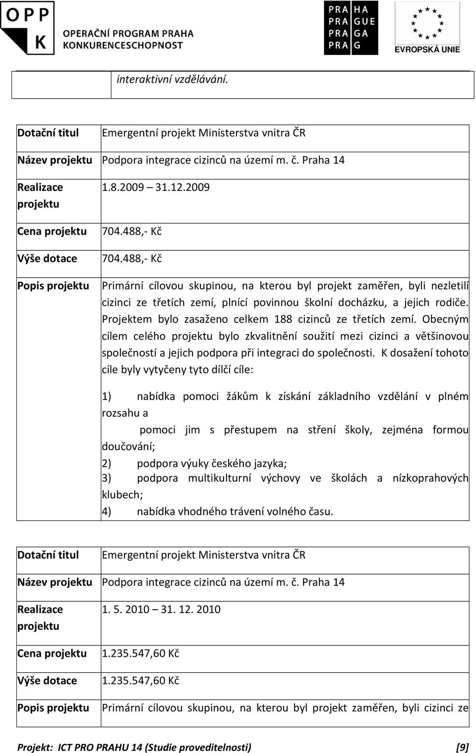 488,- Kč Popis projektu Primární cílovou skupinou, na kterou byl projekt zaměřen, byli nezletilí cizinci ze třetích zemí, plnící povinnou školní docházku, a jejich rodiče.