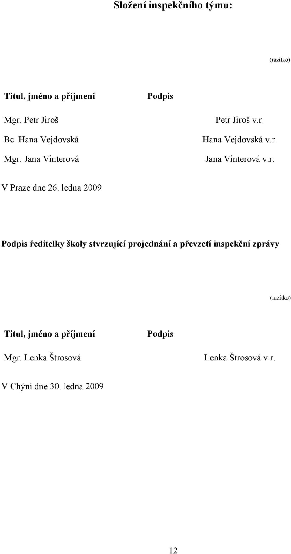 ledna 2009 Podpis ředitelky školy stvrzující projednání a převzetí inspekční zprávy (razítko)