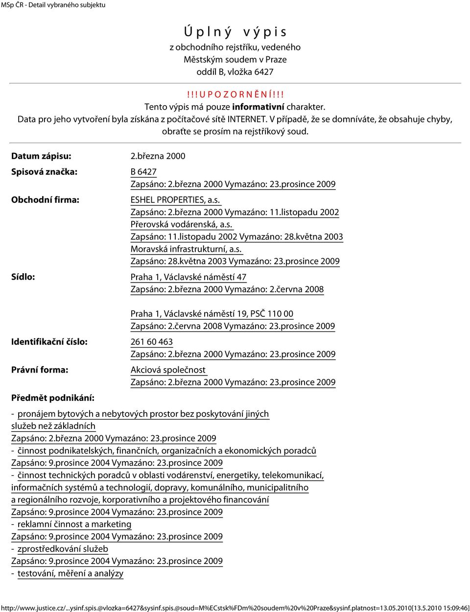 března 2000 Spisová značka: B 6427 Obchodní firma: ESHEL PROPERTIES, a.s. Přerovská vodárenská, a.s. Zapsáno: 11.listopadu 2002 Vymazáno: 28.května 2003 Moravská infrastrukturní, a.s. Zapsáno: 28.