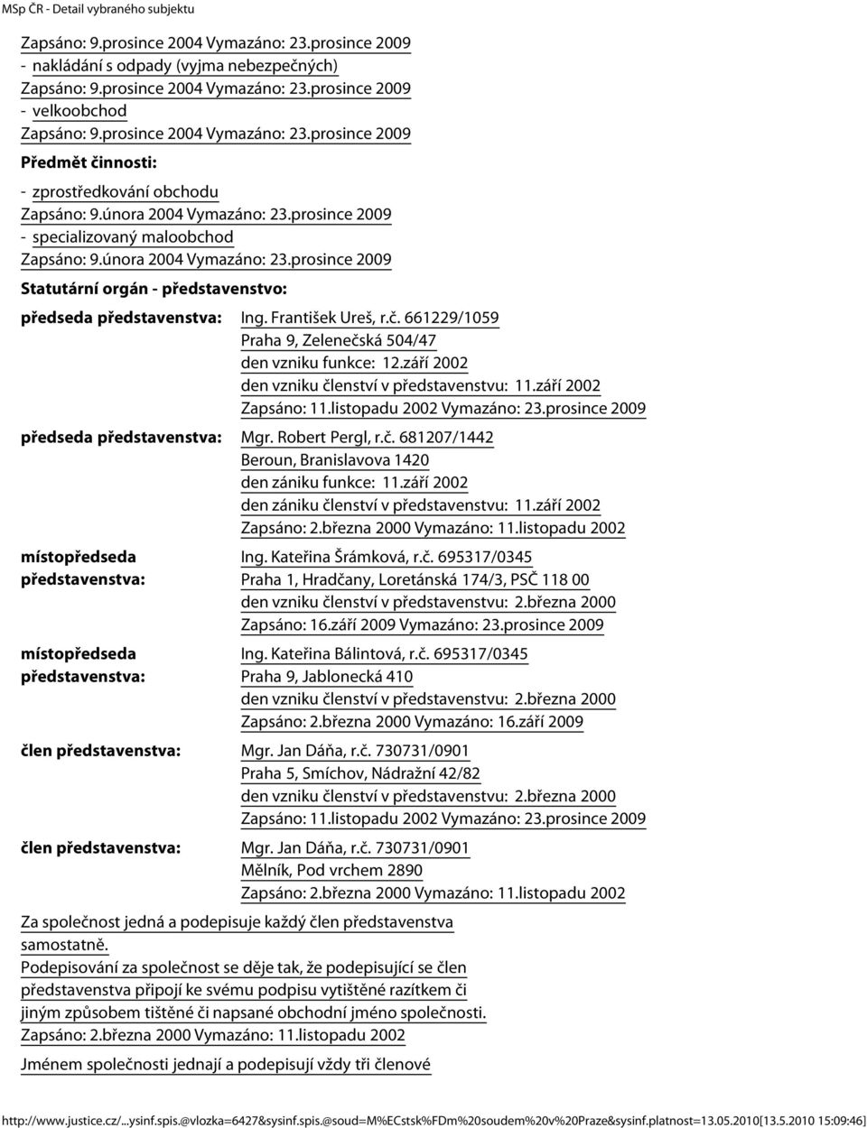 září 2002 den vzniku členství v představenstvu: 11.září 2002 předseda představenstva: Mgr. Robert Pergl, r.č. 681207/1442 Beroun, Branislavova 1420 den zániku funkce: 11.