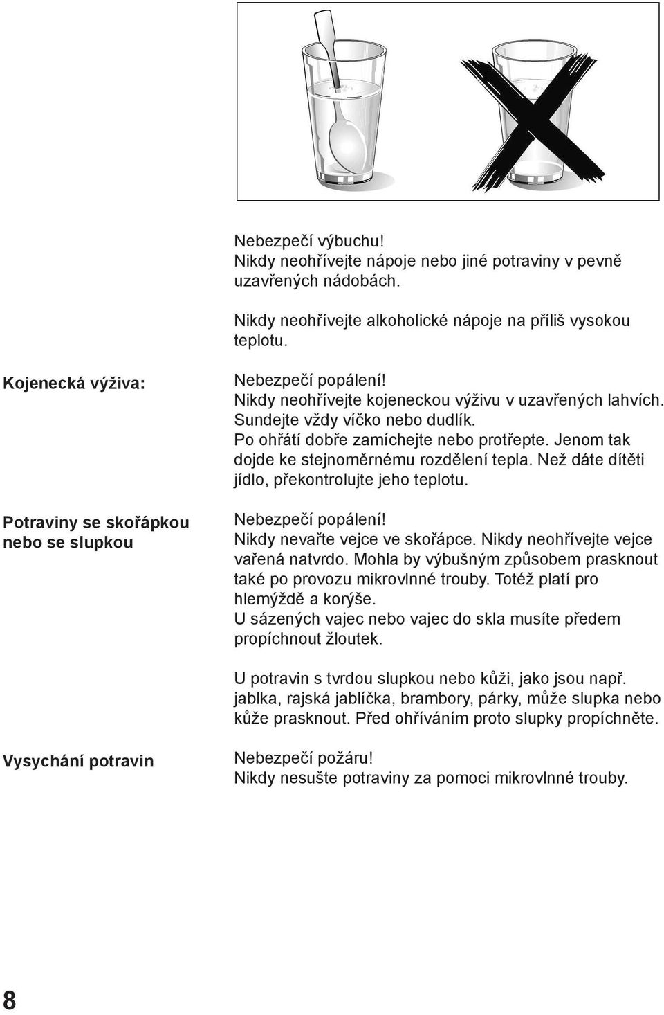 Po ohřátí dobře zamíchejte nebo protřepte. Jenom tak dojde ke stejnoměrnému rozdělení tepla. Než dáte dítěti jídlo, překontrolujte jeho teplotu. Nebezpečí popálení! Nikdy nevařte vejce ve skořápce.