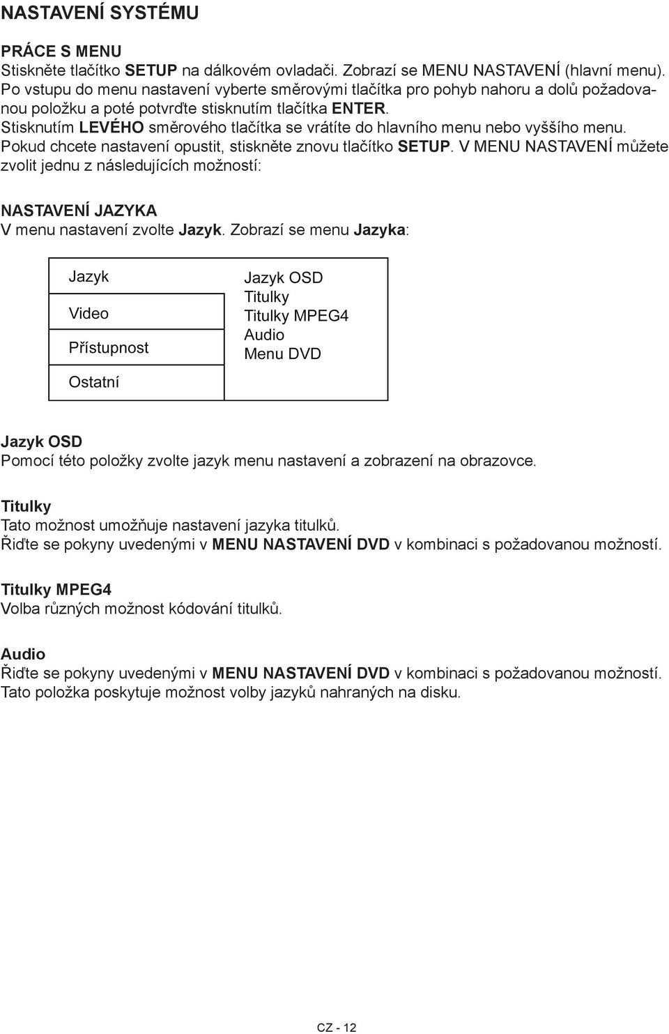 Stisknutím LEVÉHO směrového tlačítka se vrátíte do hlavního menu nebo vyššího menu. Pokud chcete nastavení opustit, stiskněte znovu tlačítko SETUP.