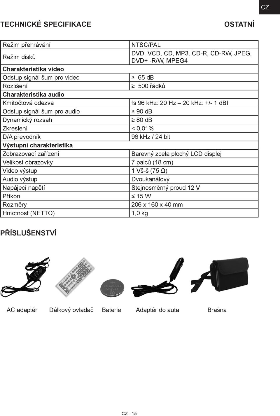 převodník 96 khz / 24 bit Výstupní charakteristika Zobrazovací zařízení Barevný zcela plochý LCD displej Velikost obrazovky 7 palců (18 cm) Video výstup 1 Vš-š (75 Ω) Audio výstup