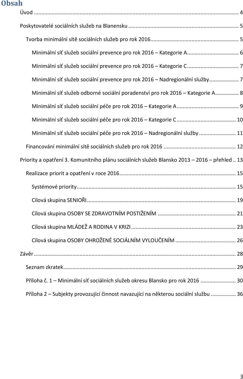 .. 7 Minimální síť služeb odborné sociální poradenství pro rok 2016 Kategorie... 8 Minimální síť služeb sociální péče pro rok 2016 Kategorie.