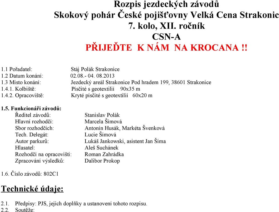 m 1.4.2. Opracoviště: Kryté písčité s geotextilií 60x20 m 1.5. Funkcionáři závodů: Ředitel závodů: Hlavní rozhodčí: Sbor rozhodčích: Tech.