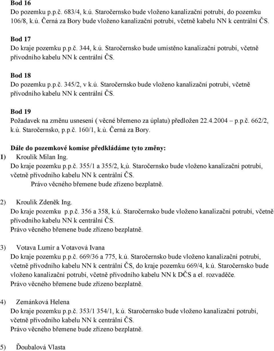 4.2004 p.p.č. 662/2, k.ú. Staročernsko, p.p.č. 160/1, k.ú. Černá za Bory. Dále do pozemkové komise předkládáme tyto změny: 1) Kroulík Milan Ing. Do kraje pozemku p.p.č. 355/1 a 355/2, k,ú.