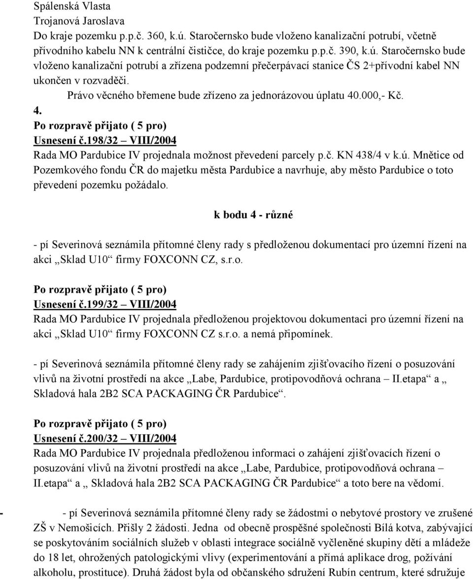 000,- Kč. 4. Usnesení č.198/32 VIII/2004 Rada MO Pardubice IV projednala možnost převedení parcely p.č. KN 438/4 v k.ú.