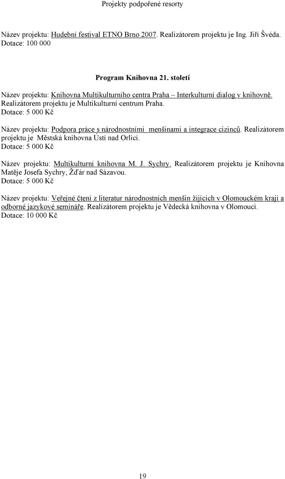 Dotace: 5 000 Kč Název projektu: Podpora práce s národnostními menšinami a integrace cizinců. Realizátorem projektu je Městská knihovna Ústí nad Orlicí.