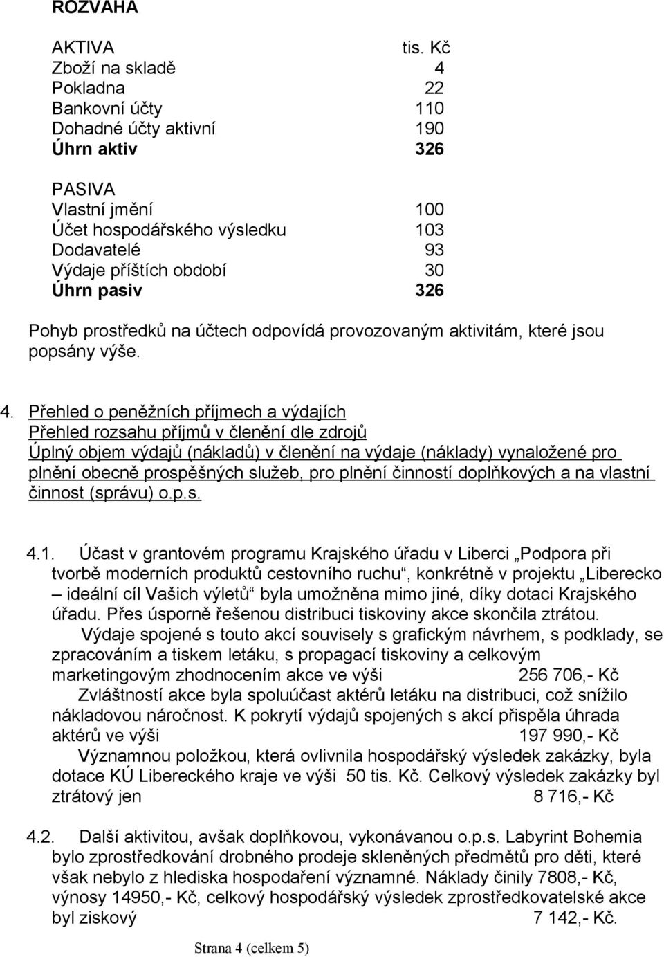 326 Pohyb prostředků na účtech odpovídá provozovaným aktivitám, které jsou popsány výše. 4.