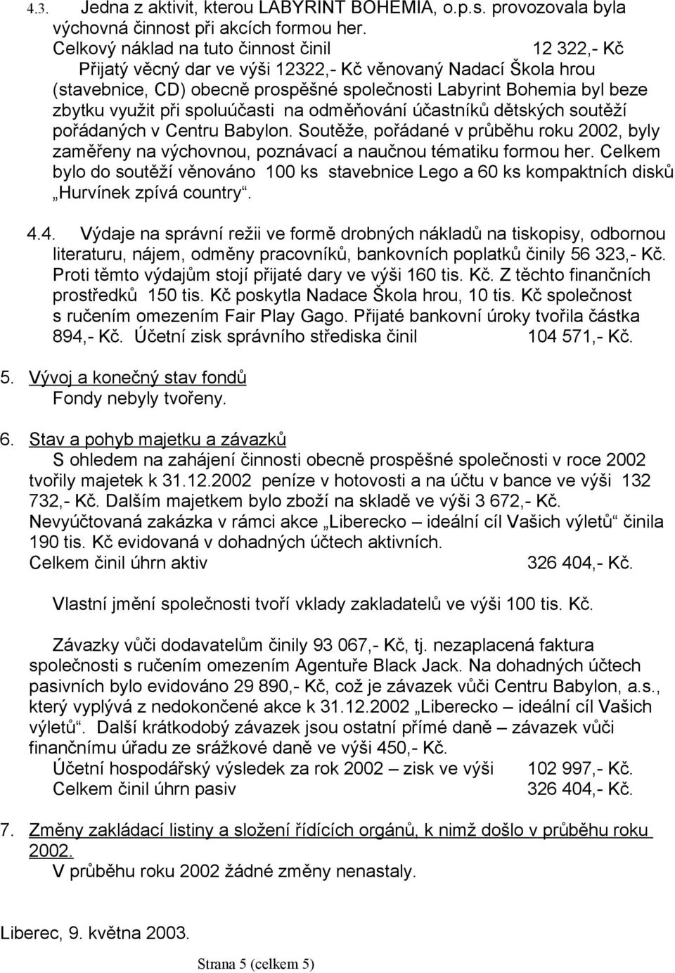 při spoluúčasti na odměňování účastníků dětských soutěží pořádaných v Centru Babylon. Soutěže, pořádané v průběhu roku 2002, byly zaměřeny na výchovnou, poznávací a naučnou tématiku formou her.