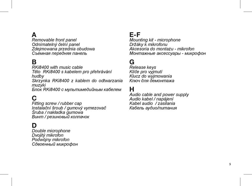 колпачок D Double microphone Dvojitý mikrofon Podwójny mikrofon Сдвоенный микрофон E-F Mounting kit - microphone Držáky k mikrofonu Akcesoria do montażu - mikrofon Монтажные