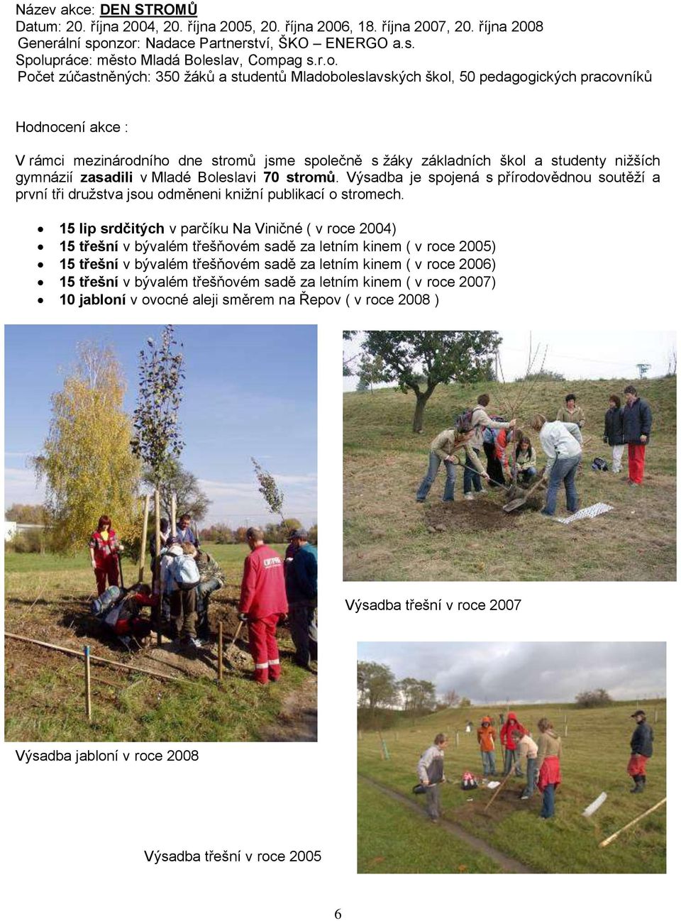 niţších gymnázií zasadili v Mladé Boleslavi 70 stromů. Výsadba je spojená s přírodovědnou soutěţí a první tři druţstva jsou odměneni kniţní publikací o stromech.