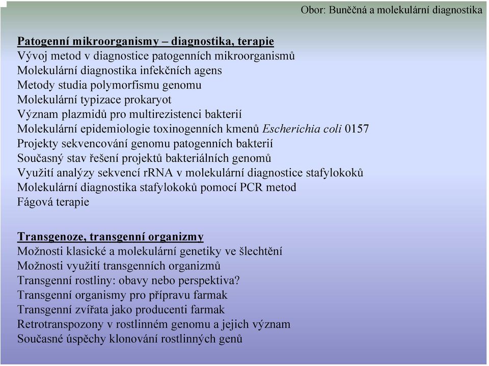 patogenních bakterií Současný stav řešení projektů bakteriálních genomů Využití analýzy sekvencí rrna v molekulární diagnostice stafylokoků Molekulární diagnostika stafylokoků pomocí PCR metod Fágová