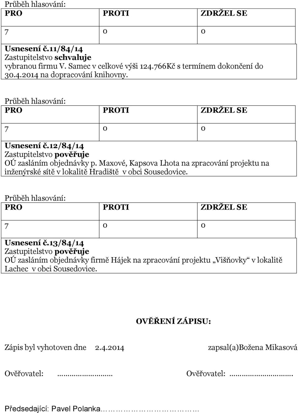 Maxové, Kapsova Lhota na zpracování projektu na inženýrské sítě v lokalitě Hradiště v obci Sousedovice. Usnesení č.