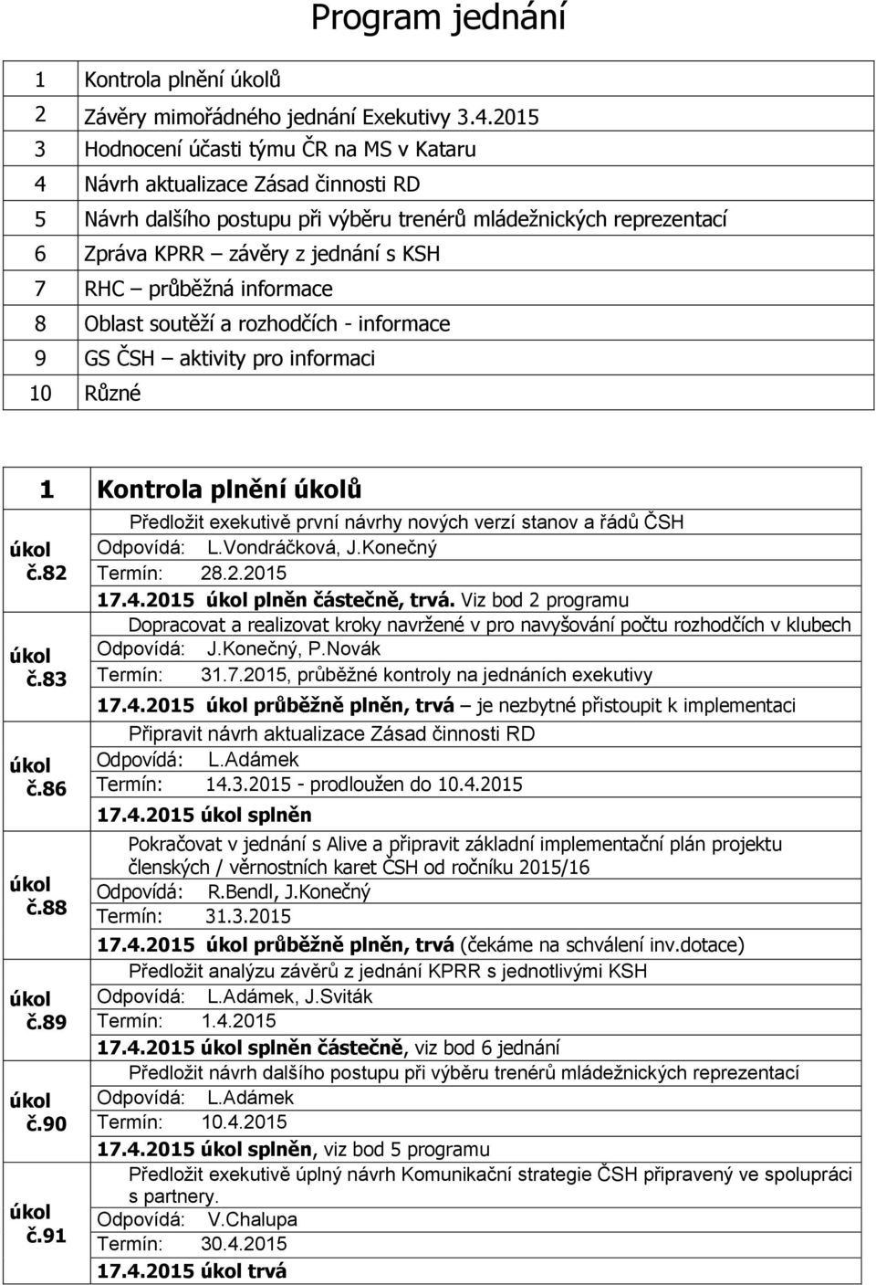 KSH 7 RHC průběžná informace 8 Oblast soutěží a rozhodčích - informace 9 GS ČSH aktivity pro informaci 10 Různé 1 Kontrola plnění ů č.82 č.83 č.86 č.88 č.89 č.90 č.