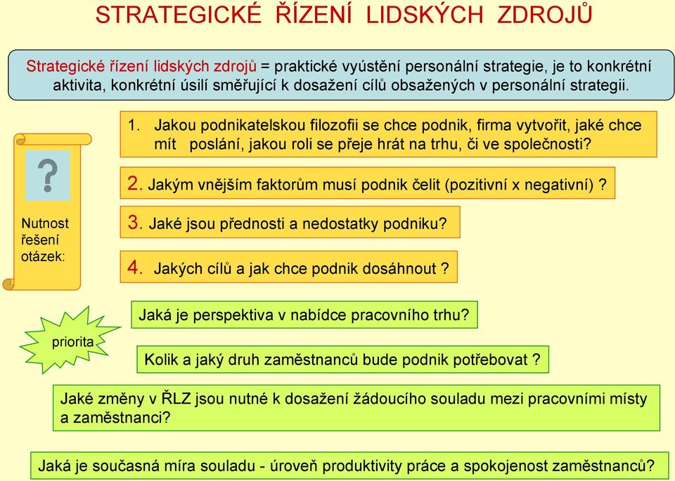 Jakým vnějším faktorům musí podnik čelit (pozitivní x negativní)? Nutnost řešení otázek: 3. Jaké jsou přednosti a nedostatky podniku? 4. Jakých cílů a jak chce podnik dosáhnout?