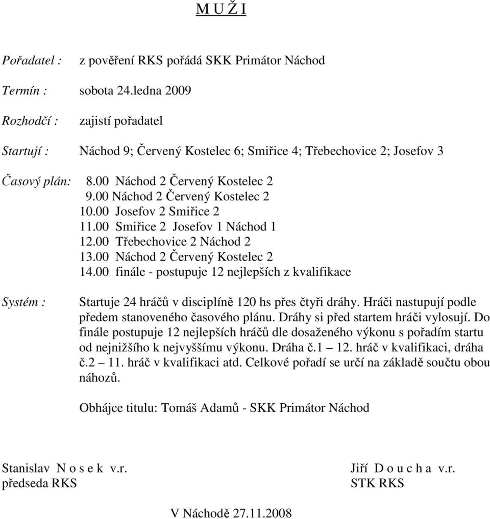 00 finále - postupuje 12 nejlepších z kvalifikace Startuje 24 hráčů v disciplíně 120 hs přes čtyři dráhy. Hráči nastupují podle předem stanoveného časového plánu. Dráhy si před startem hráči vylosují.