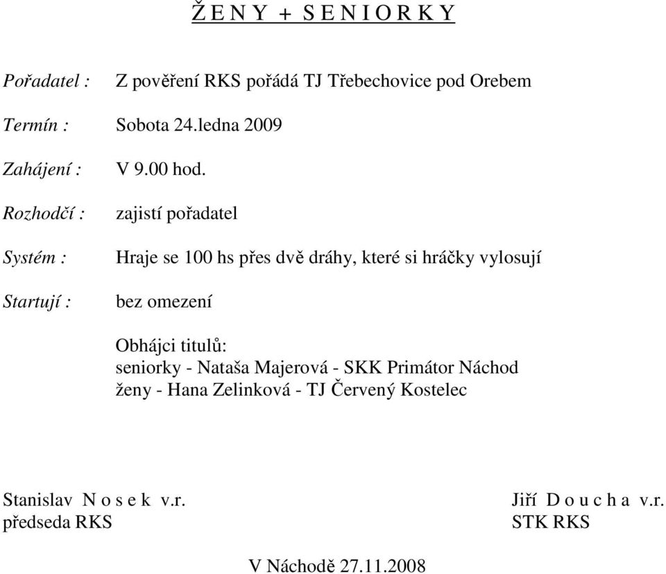 Hraje se 100 hs přes dvě dráhy, které si hráčky vylosují Obhájci