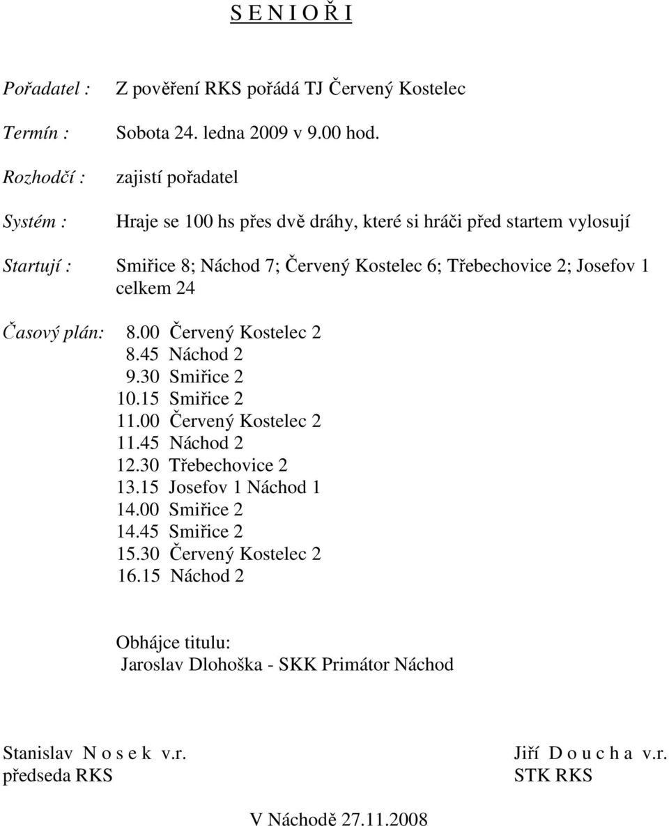 Josefov 1 celkem 24 Časový plán: 8.00 Červený Kostelec 2 8.45 Náchod 2 9.30 Smiřice 2 10.15 Smiřice 2 11.00 Červený Kostelec 2 11.