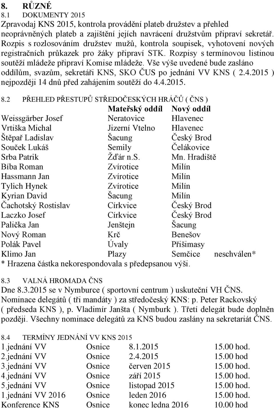 Vše výše uvedené bude zasláno oddílům, svazům, sekretáři KNS, SKO ČUS po jednání VV KNS ( 2.4.2015 ) nejpozději 14 dnů před zahájením soutěží do 4.4.2015. 8.