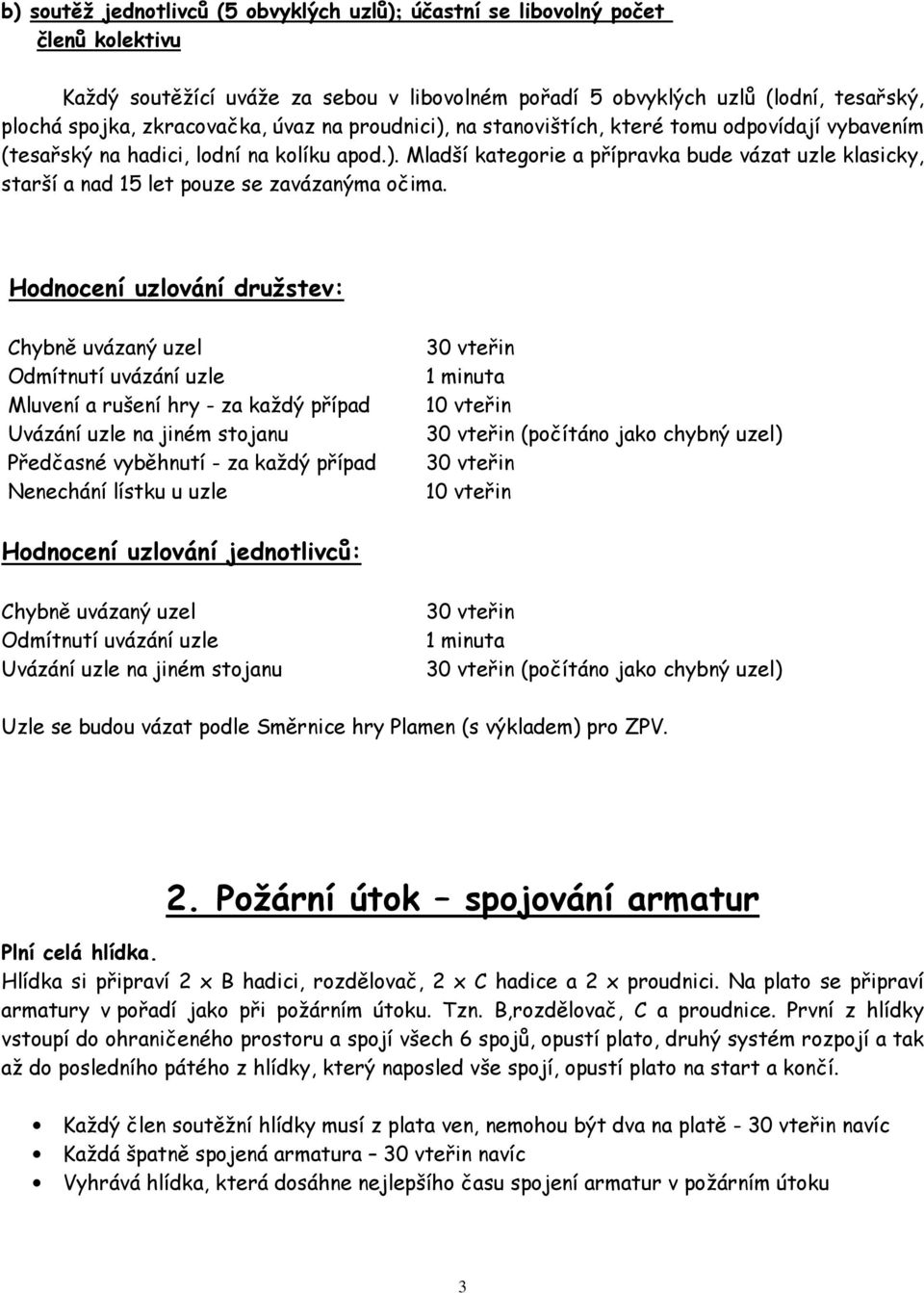 Hodnocení uzlování družstev: Chybně uvázaný uzel Odmítnutí uvázání uzle Mluvení a rušení hry - za každý případ Uvázání uzle na jiném stojanu Předčasné vyběhnutí - za každý případ Nenechání lístku u