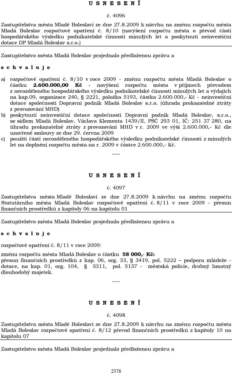 8/10 v roce 2009 - změnu rozpočtu města Mladá Boleslav o částku 2.600.