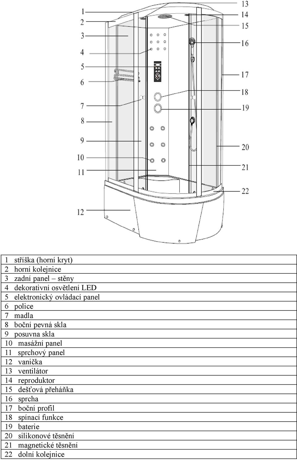 11 sprchový panel 12 vanička 13 ventilátor 14 reproduktor 15 dešťová přeháňka 16 sprcha 17