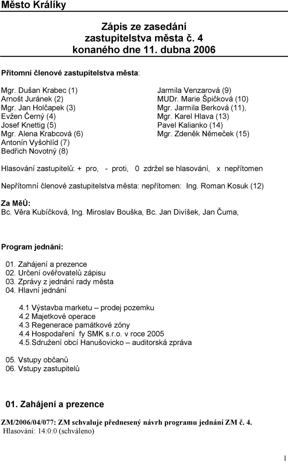 Zdeněk Němeček (15) Antonín Vyšohlíd (7) Bedřich Novotný (8) Hlasování zastupitelů: + pro, - proti, 0 zdržel se hlasování, x nepřítomen Nepřítomní členové zastupitelstva města: nepřítomen: Ing.