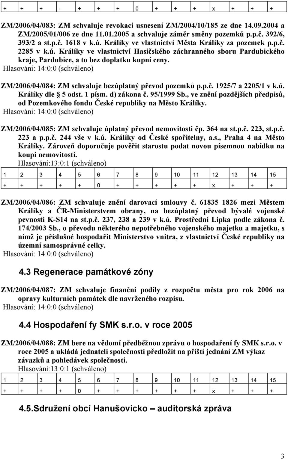 ZM/2006/04/084: ZM schvaluje bezúplatný převod pozemků p.p.č. 1925/7 a 2205/1 v k.ú. Králíky dle 5 odst. 1 písm. d) zákona č. 95/1999 Sb.