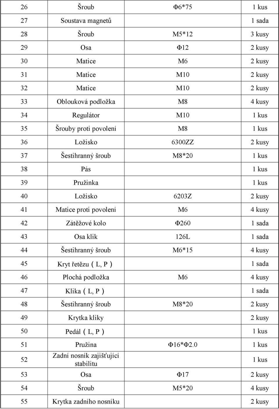 M6 4 kusy 42 Zátěžové kolo Φ260 1 sada 43 Osa klik 126L 1 sada 44 Šestihranný šroub M6*15 4 kusy 45 Kryt řetězu(l, P) 1 sada 46 Plochá podložka M6 4 kusy 47 Klika(L, P) 1 sada 48 Šestihranný