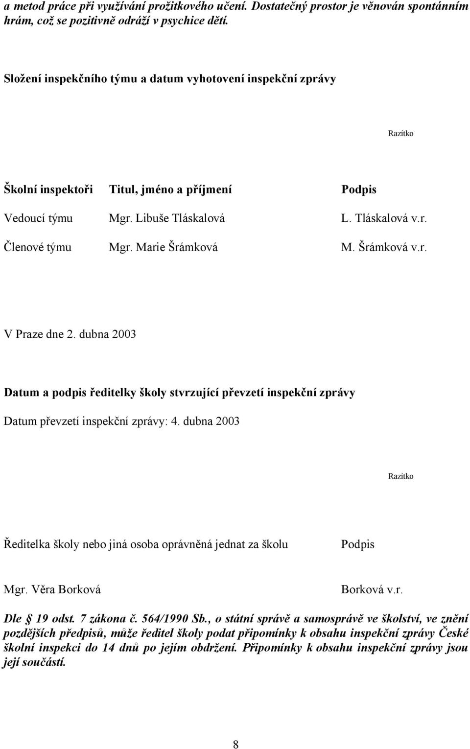 Marie Šrámková M. Šrámková v.r. V Praze dne 2. dubna 2003 Datum a podpis ředitelky školy stvrzující převzetí inspekční zprávy Datum převzetí inspekční zprávy: 4.