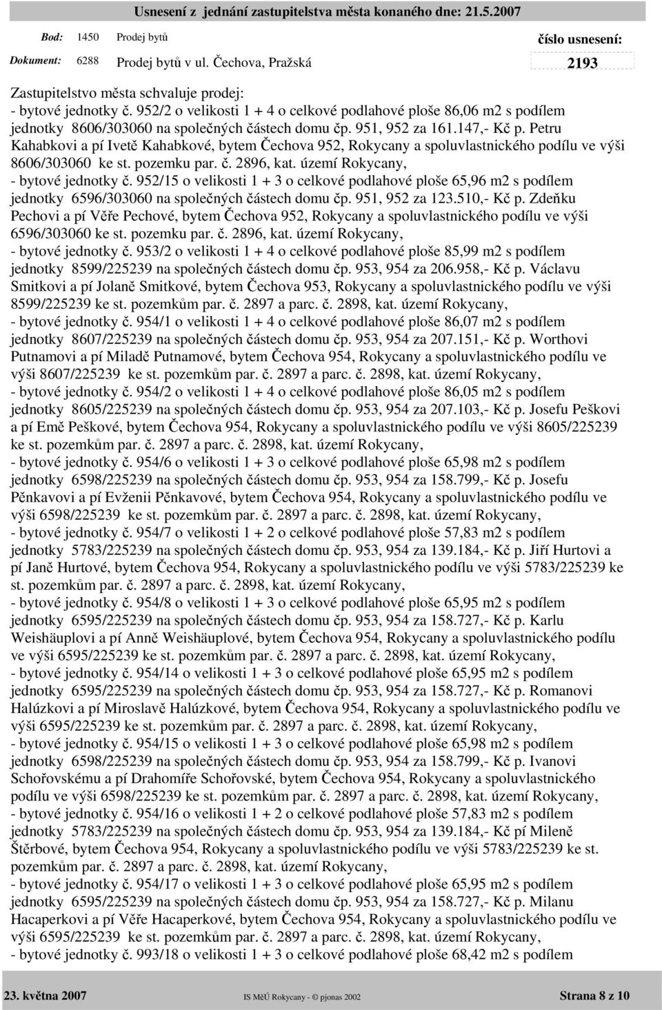 Petru Kahabkovi a pí Ivetě Kahabkové, bytem Čechova 952, Rokycany a spoluvlastnického podílu ve výši 8606/303060 ke st. pozemku par. č. 2896, kat. území Rokycany, - bytové jednotky č.