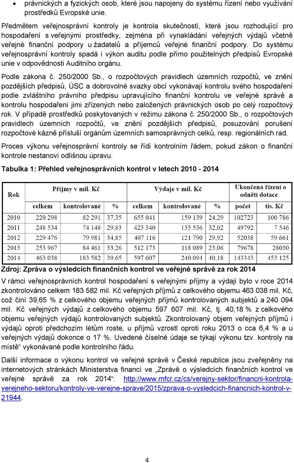 žadatelů a příjemců veřejné finanční podpory. Do systému veřejnosprávní kontroly spadá i výkon auditu podle přímo použitelných předpisů Evropské unie v odpovědnosti Auditního orgánu. Podle zákona č.