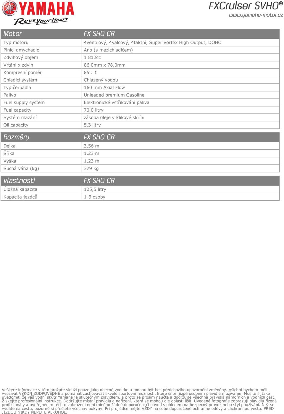 zásoba oleje v klikové skříni 5,3 litry FXCruiser SVHO Rozměry Délka Šířka Výška Suchá váha (kg) vlastnosti Úložná kapacita Kapacita jezdců 3,56 m 1,23 m 1,23 m 379 kg 125,5 litry 1-3 osoby Veškeré
