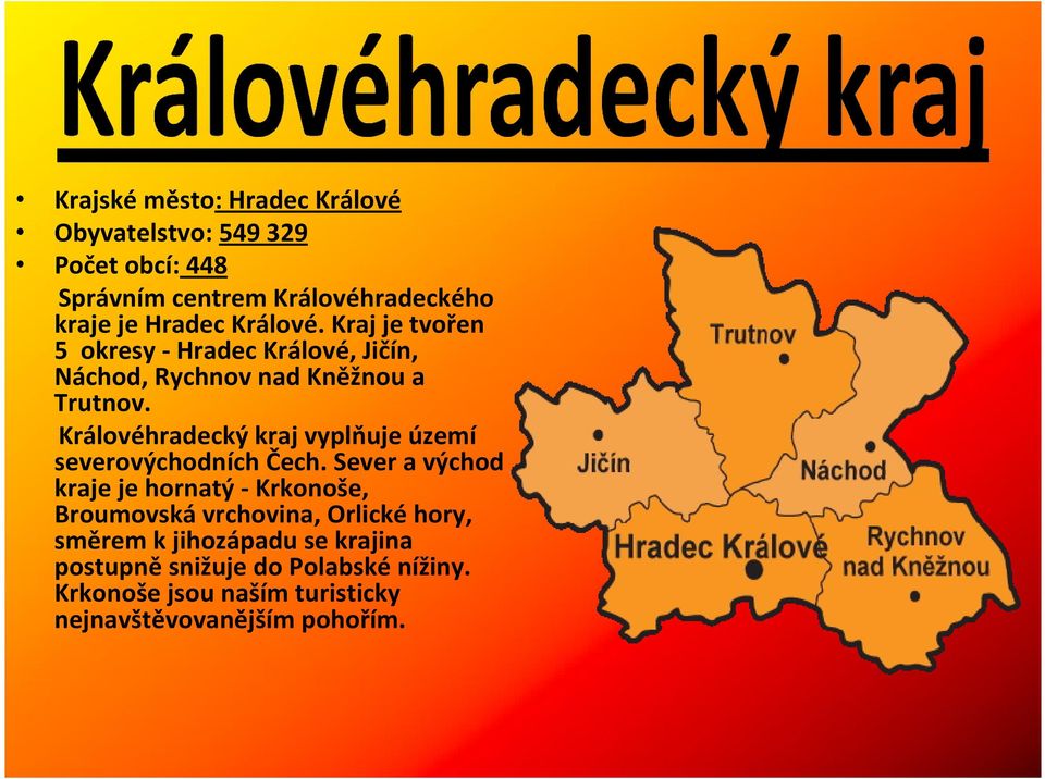 Královéhradecký kraj vyplňuje území severovýchodních Čech.