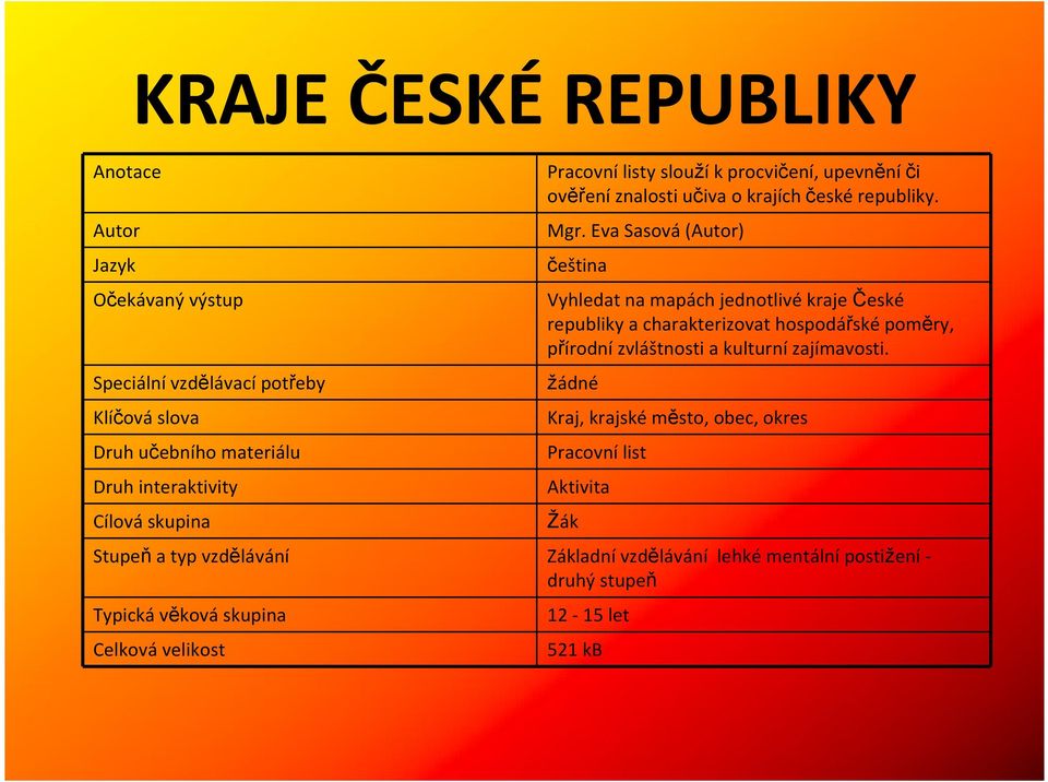 Eva Sasová (Autor) čeština Vyhledat na mapách jednotlivé kraje České republiky a charakterizovat hospodářské poměry, přírodní zvláštnosti a kulturní