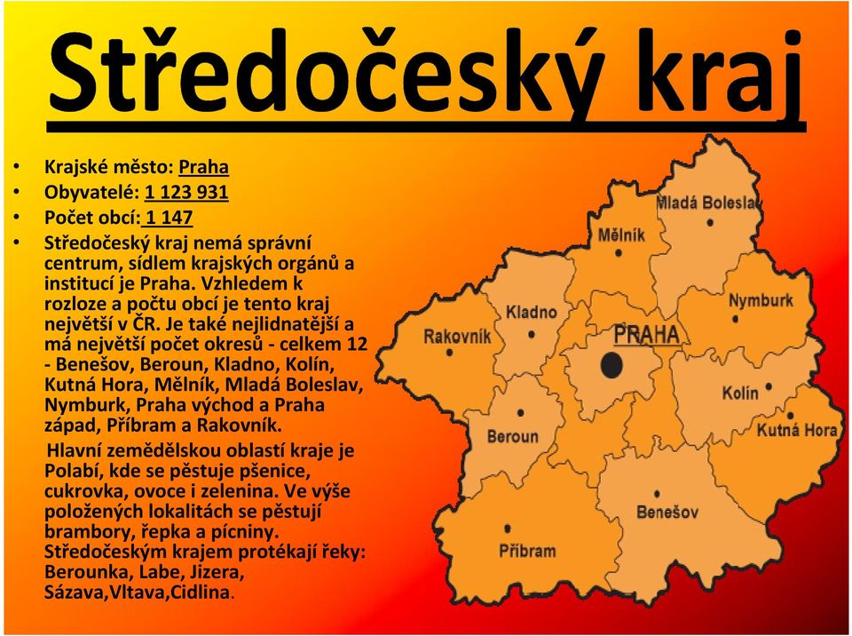 Je také nejlidnatější a má největší počet okresů - celkem 12 - Benešov, Beroun, Kladno, Kolín, Kutná Hora, Mělník, Mladá Boleslav, Nymburk, Praha východ a