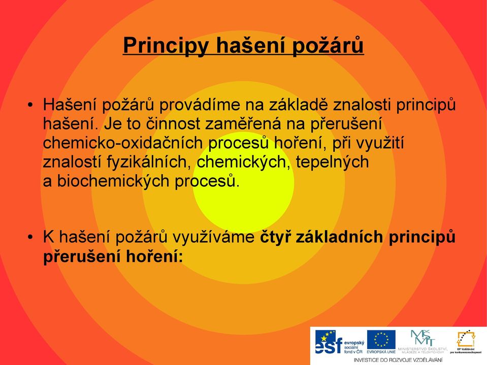 Je to činnost zaměřená na přerušení chemicko-oxidačních procesů hoření, při