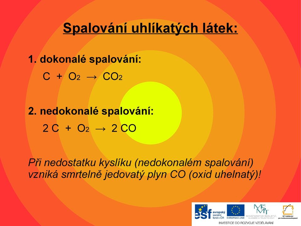 nedokonalé spalování: 2 C + O2 2 CO Při