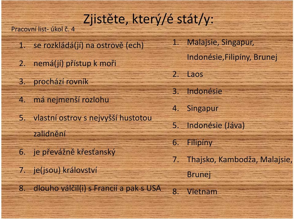 Indonésie 4. má nejmenší rozlohu 4. Singapur 5. vlastní ostrov s nejvyšší hustotou 5. Indonésie (Jáva) zalidnění 6.