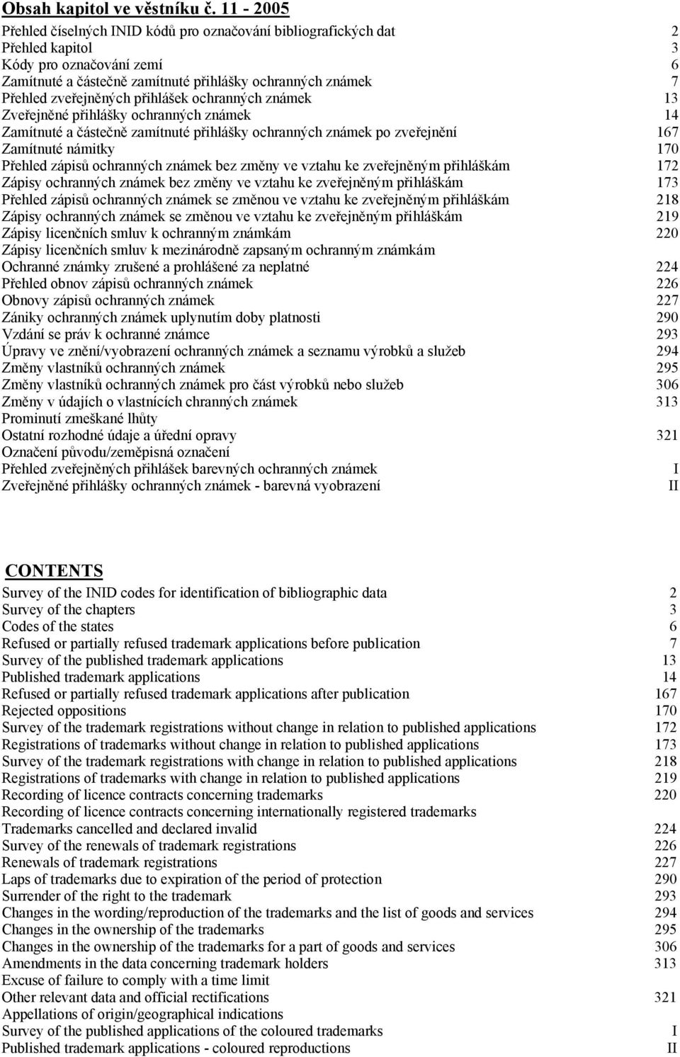zveřejněných přihlášek ochranných známek 13 Zveřejněné přihlášky ochranných známek 14 Zamítnuté a částečně zamítnuté přihlášky ochranných známek po zveřejnění 167 Zamítnuté námitky 170 Přehled zápisů