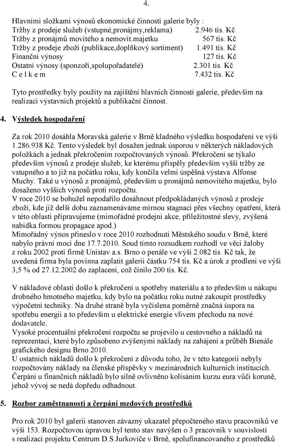 Kč Tyto prostředky byly použity na zajištění hlavních činností galerie, především na realizaci výstavních projektů a publikační činnost. 4. Výsledek hospodaření 4.