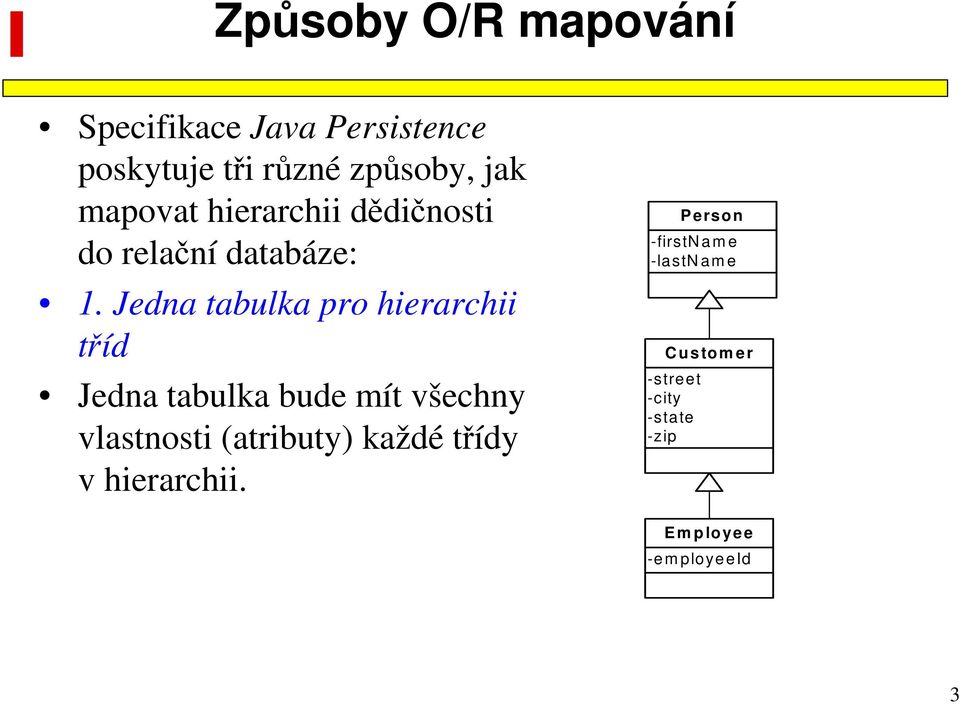Jedna tabulka pro hierarchii tříd Jedna tabulka bude mít všechny vlastnosti (atributy)