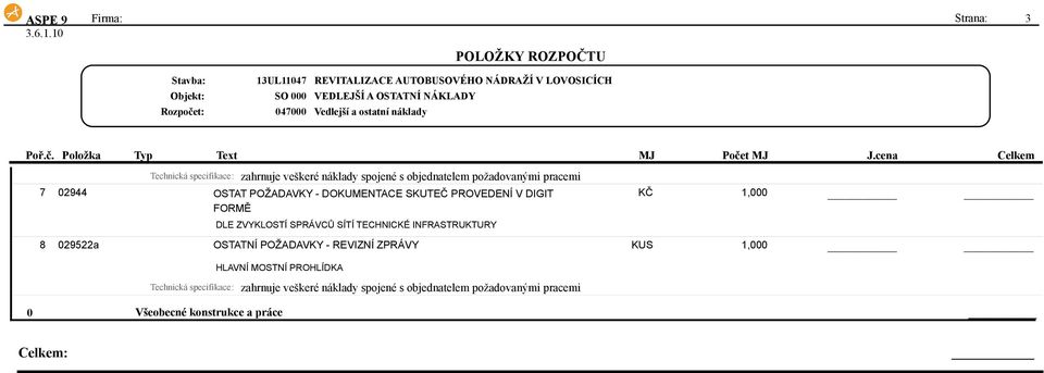 DLE ZVYKLOSTÍ SPRÁVCŮ SÍTÍ TECHNICKÉ INFRASTRUKTURY KČ 1,000 8 029522a OSTATNÍ POŽADAVKY - REVIZNÍ ZPRÁVY KUS 1,000 HLAVNÍ MOSTNÍ