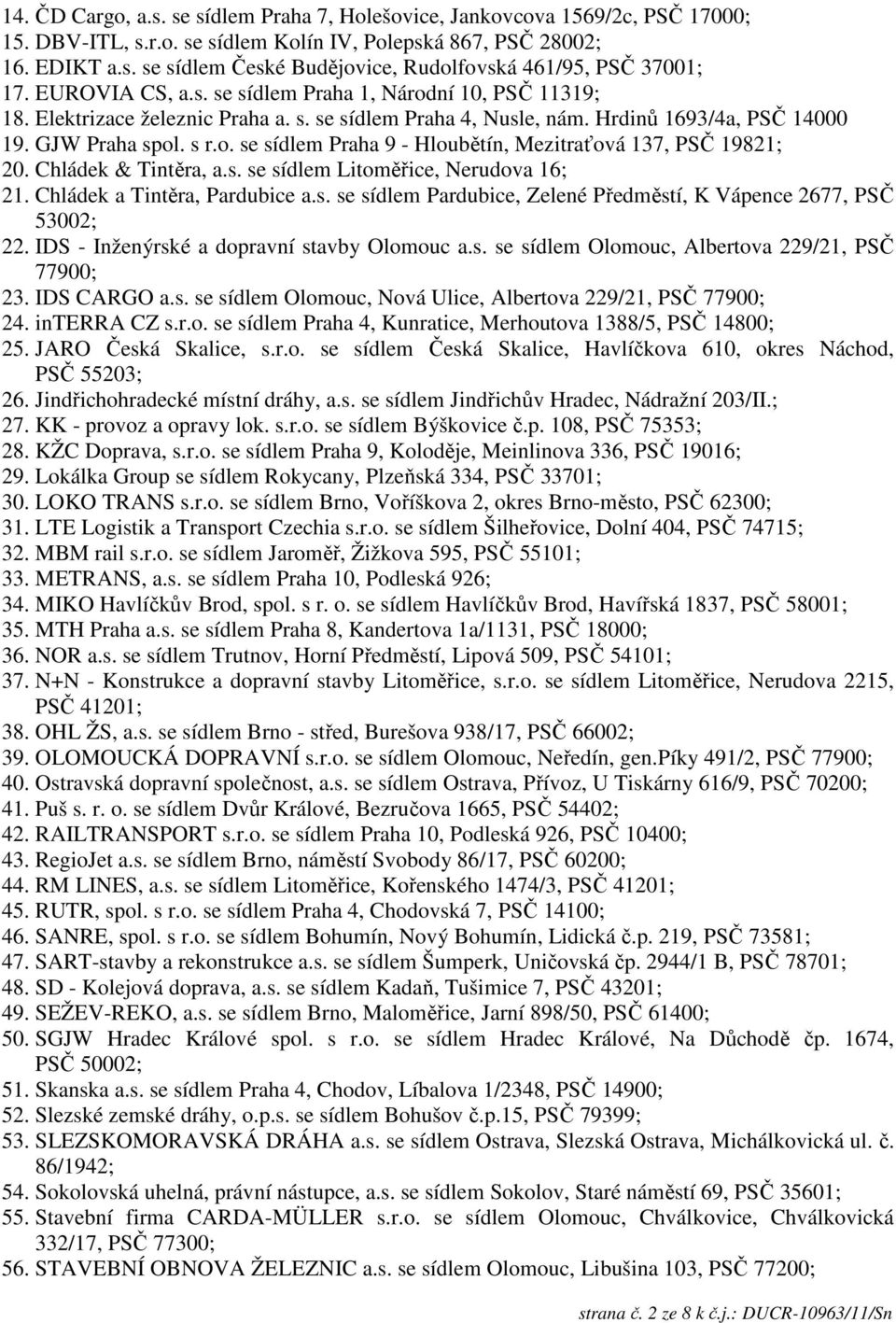 Chládek & Tintěra, a.s. se sídlem Litoměřice, Nerudova 16; 21. Chládek a Tintěra, Pardubice a.s. se sídlem Pardubice, Zelené Předměstí, K Vápence 2677, PSČ 53002; 22.