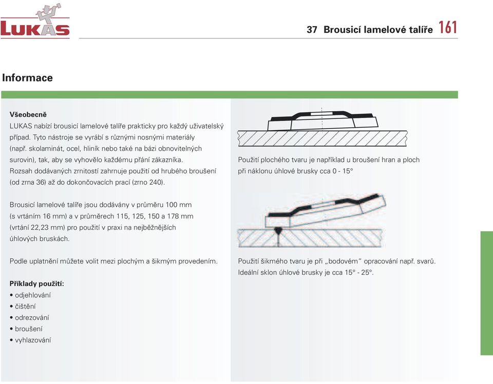 Rozsah dodávaných zrnitostí zahrnuje použití od hrubého broušení (od zrna 36) až do dokončovacích prací (zrno 240).