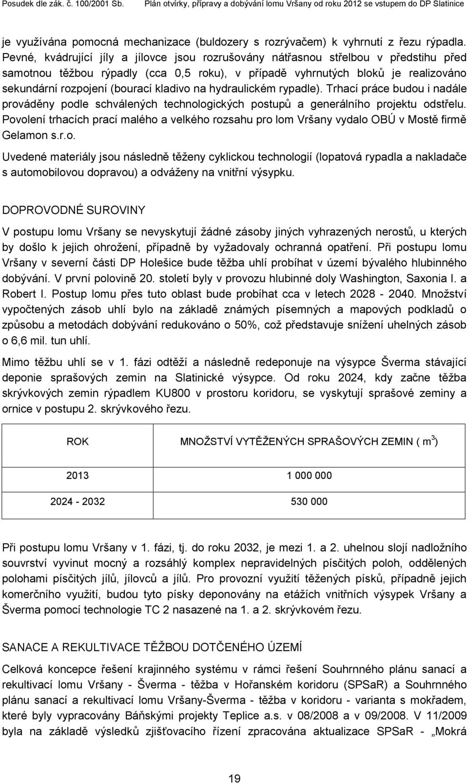 kladivo na hydraulickém rypadle). Trhací práce budou i nadále prováděny podle schválených technologických postupů a generálního projektu odstřelu.