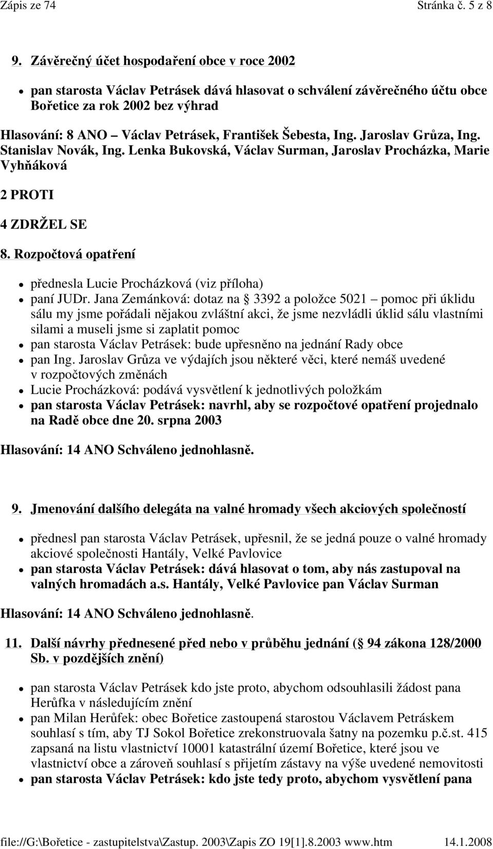 Šebesta, Ing. Jaroslav Grůza, Ing. Stanislav Novák, Ing. Lenka Bukovská, Václav Surman, Jaroslav Procházka, Marie Vyhňáková 2 PROTI 4 ZDRŽEL SE 8.