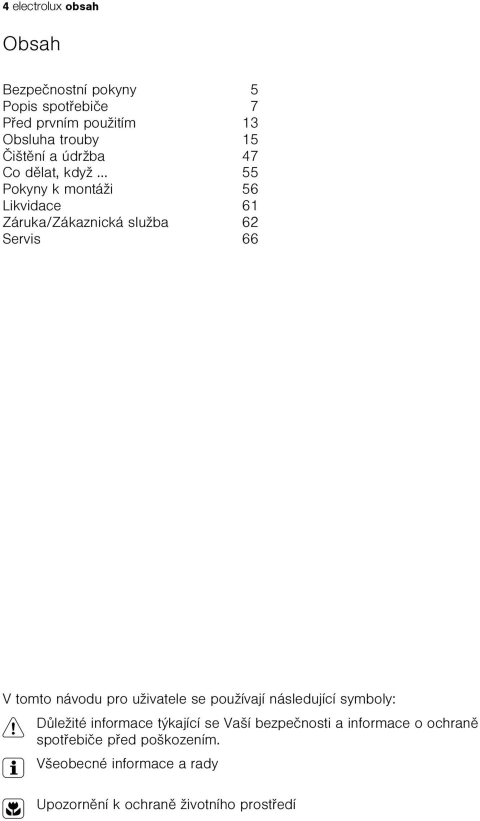 .. 55 Pokyny k montáži 56 Likvidace 61 Záruka/Zákaznická služba 62 Servis 66 V tomto návodu pro uživatele se